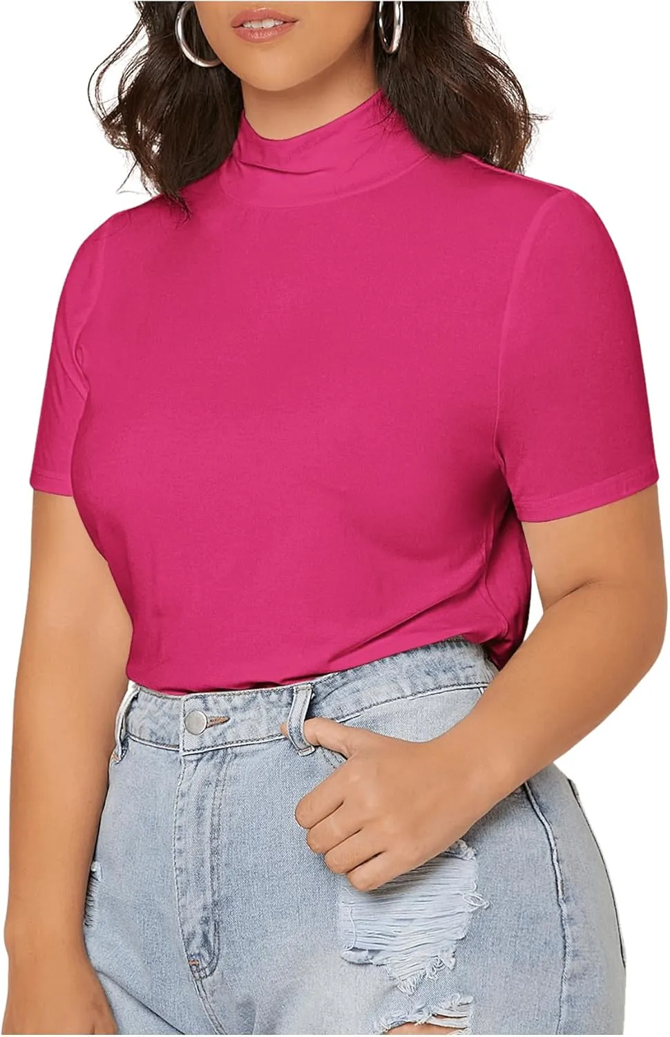 SweatyRocks Women's Plus Size Short Sleeve Mock Neck Top Solid Basic Tee Shirt