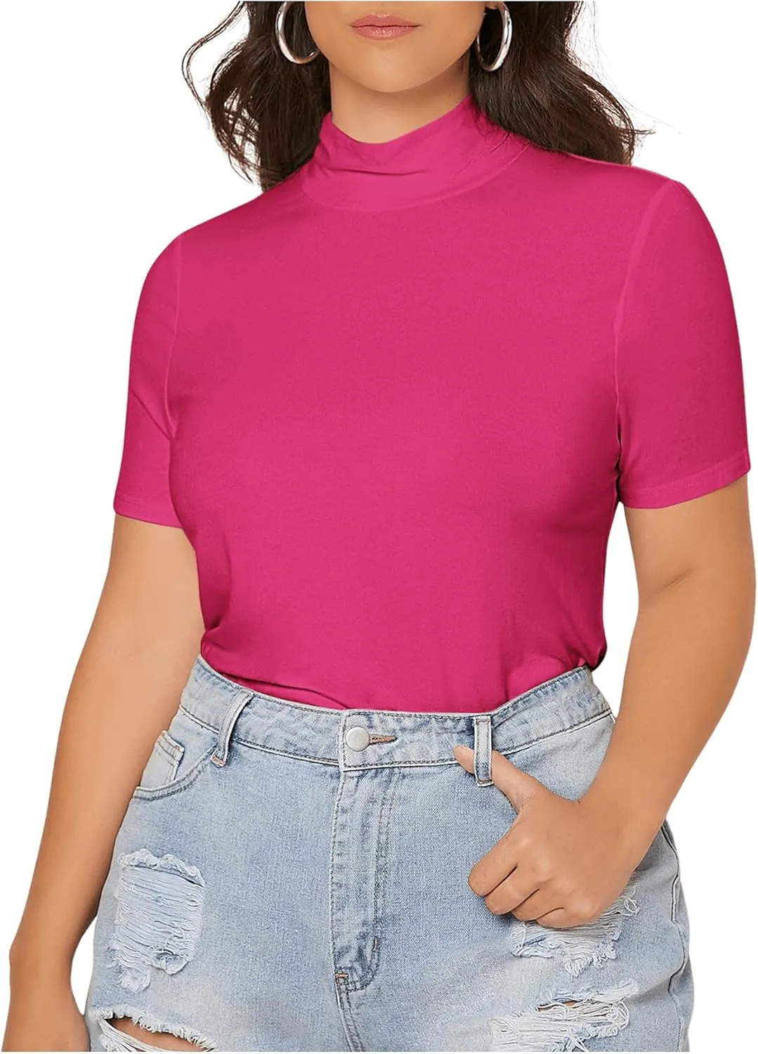 SweatyRocks Women's Plus Size Short Sleeve Mock Neck Top Solid Basic Tee Shirt