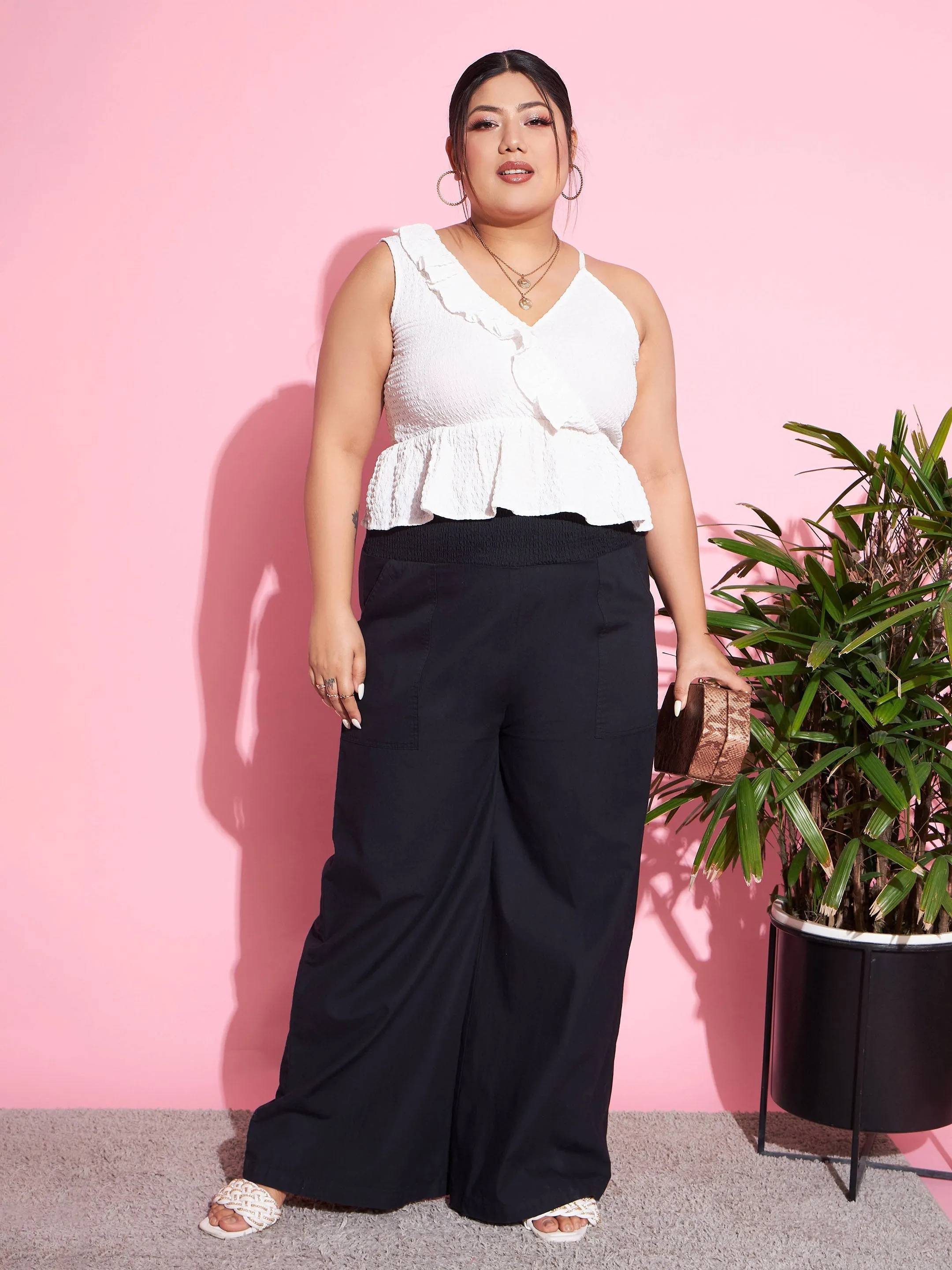 Women Black Tencel Smocked Waist Straight Pants