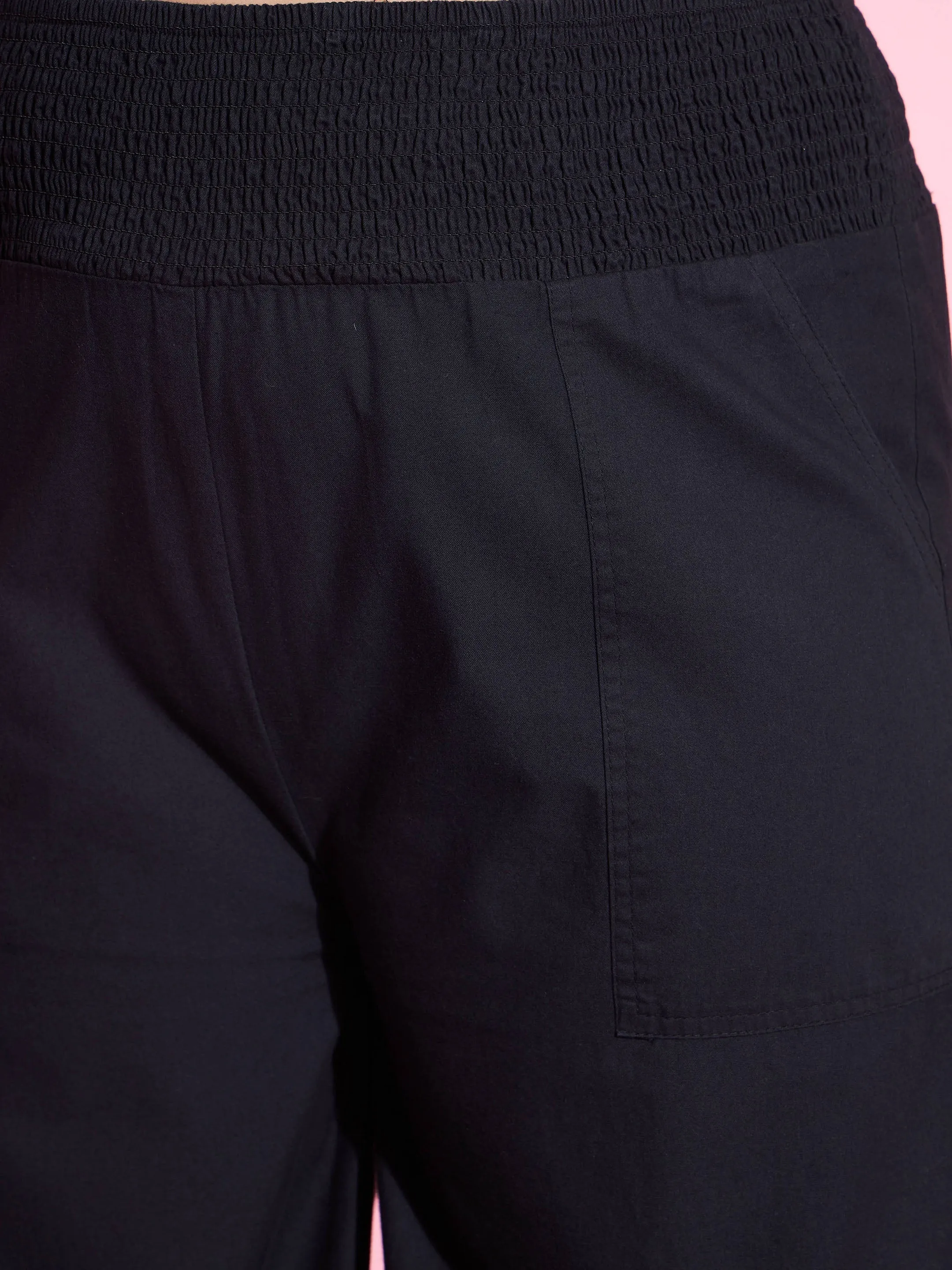 Women Black Tencel Smocked Waist Straight Pants