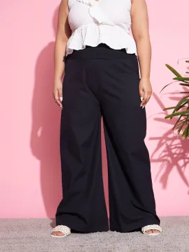 Women Black Tencel Smocked Waist Straight Pants