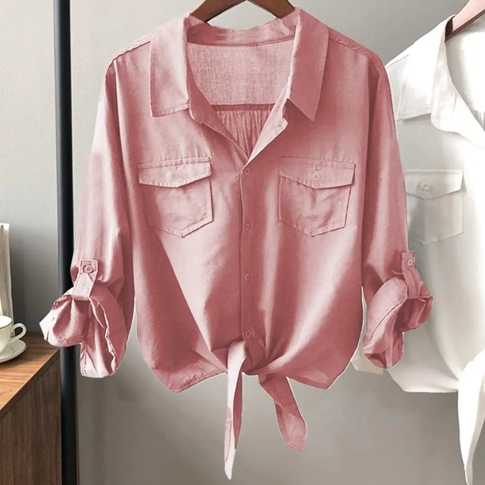 Womens Button Down V Neck Shirts 3/4 Sleeve Tie Front Loose Office Business Shirt Blouse Summer Casual Tops
