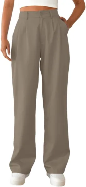 Women's Casual Straight Trousers High Waisted Button Work Office Dress Pants with Pockets