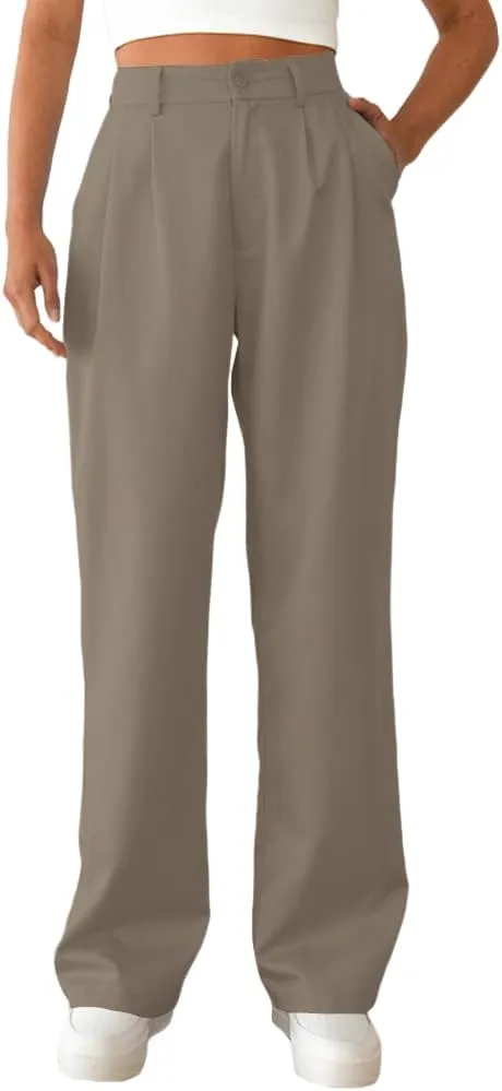Women's Casual Straight Trousers High Waisted Button Work Office Dress Pants with Pockets