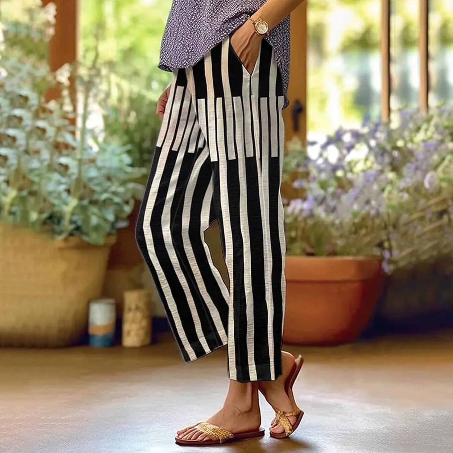 Women's Cotton Linen Pants Casual Boho Floral Print Elastic Waisted Drawstring Summer Palazzo Beach Baggy Capri Pant