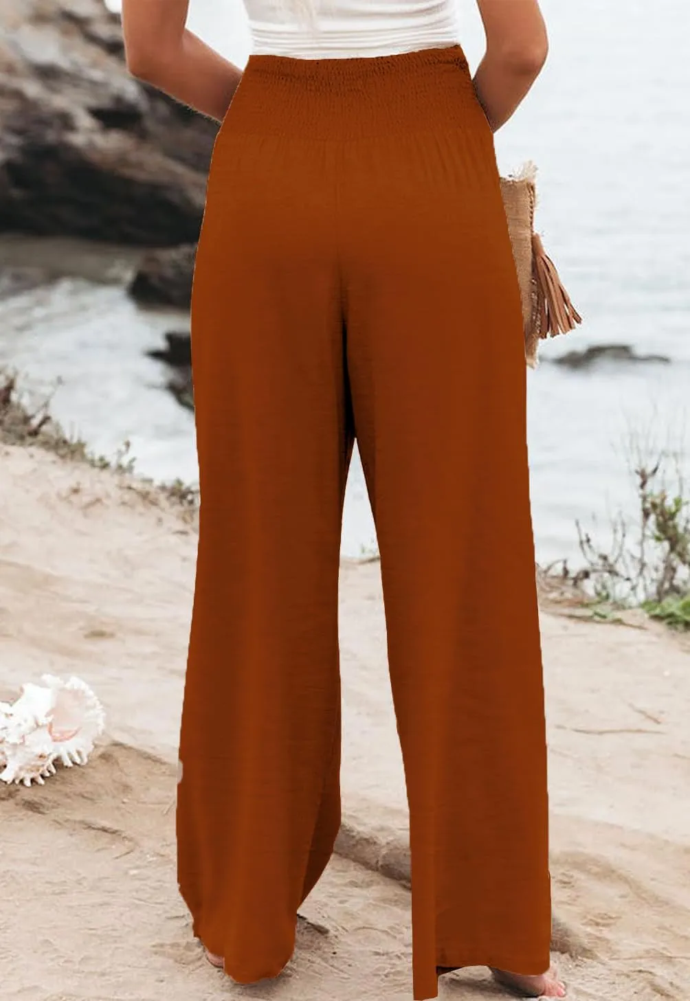 Womens High Waisted Wide Leg Palazzo Pants Casual Lounge Boho Flowy Pants with Pockets
