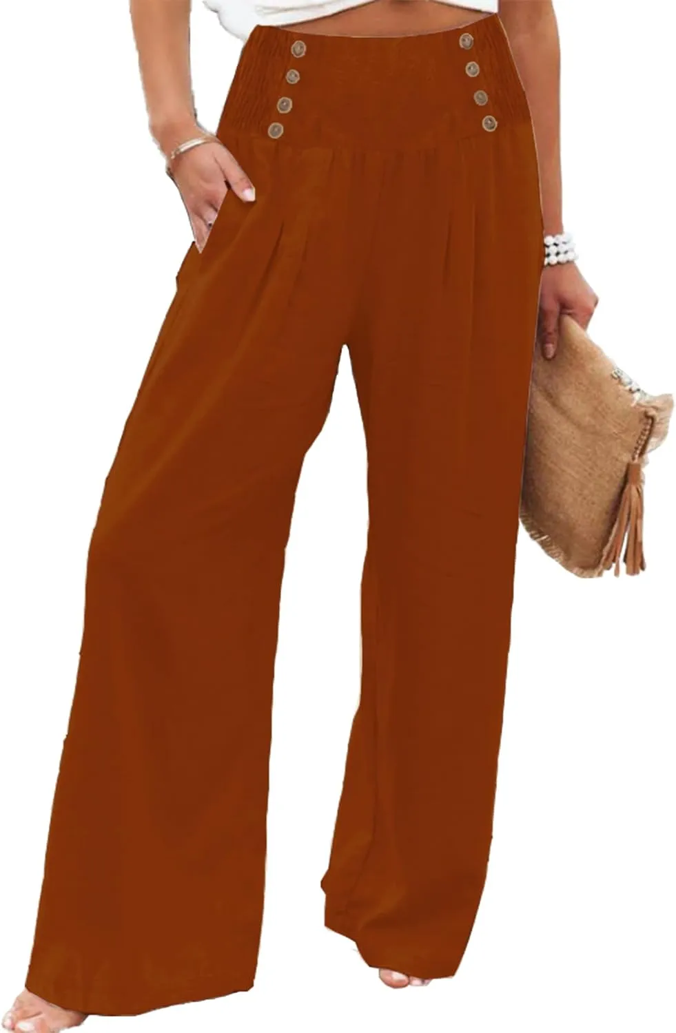 Womens High Waisted Wide Leg Palazzo Pants Casual Lounge Boho Flowy Pants with Pockets