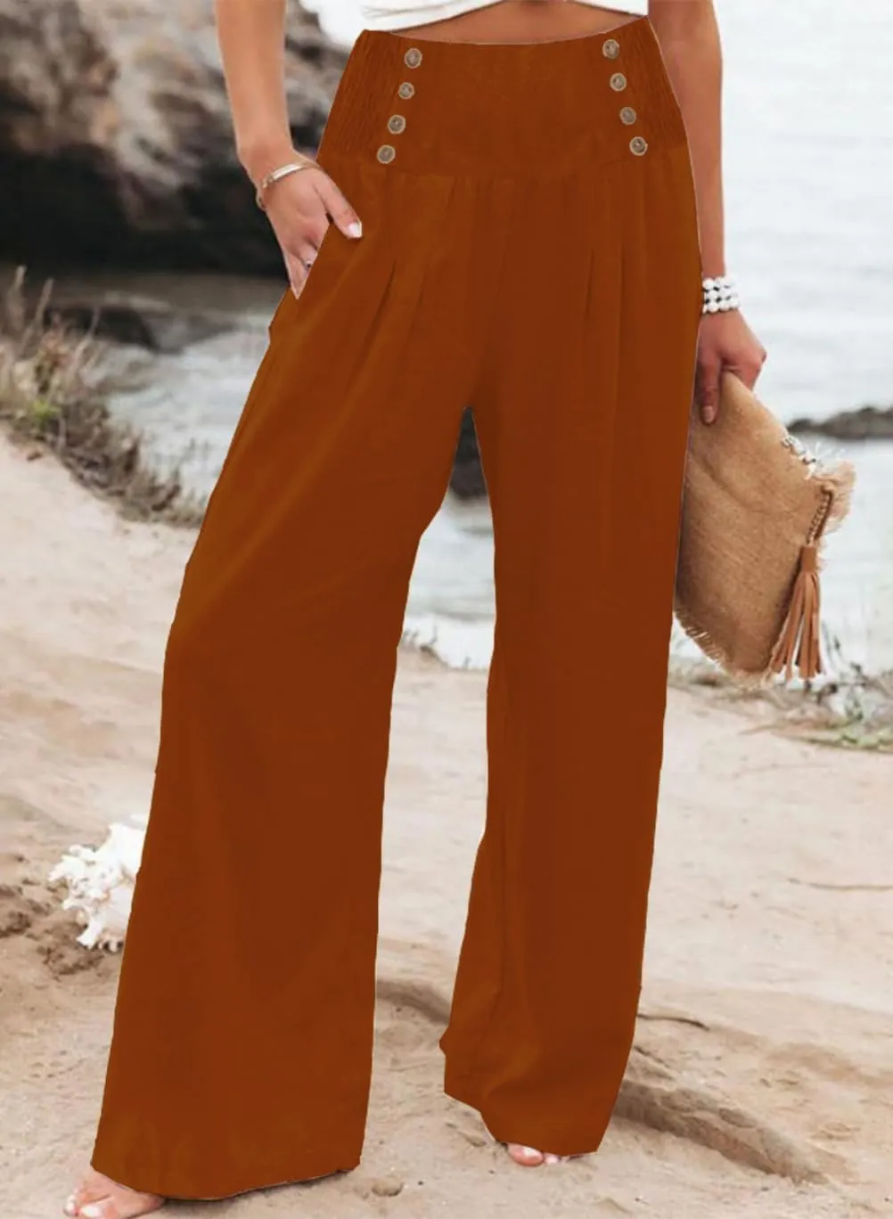 Womens High Waisted Wide Leg Palazzo Pants Casual Lounge Boho Flowy Pants with Pockets
