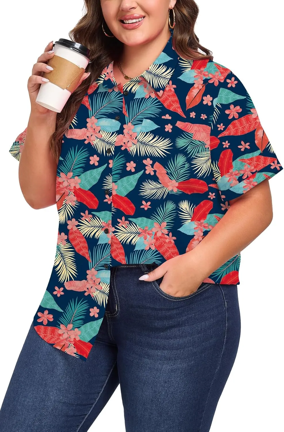 Womens Plus Size Tops Button Down Shirts Cuffed Short Sleeve Casual Tunic Collared Summer Casual Blouse XL - 5XL
