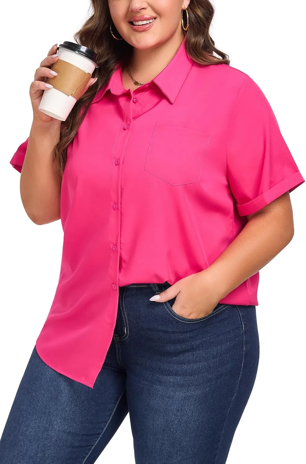 Womens Plus Size Tops Button Down Shirts Cuffed Short Sleeve Casual Tunic Collared Summer Casual Blouse XL - 5XL