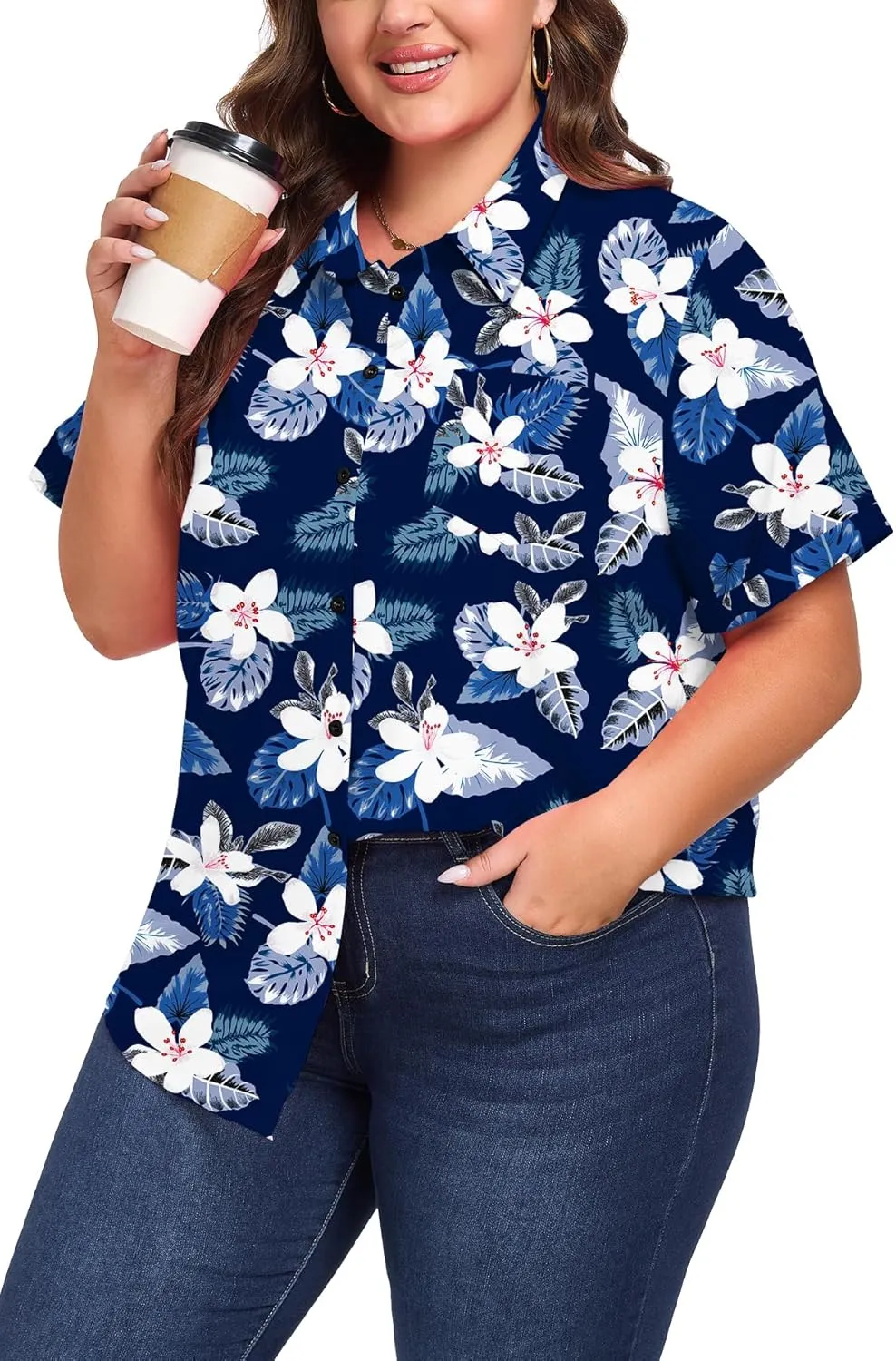 Womens Plus Size Tops Button Down Shirts Cuffed Short Sleeve Casual Tunic Collared Summer Casual Blouse XL - 5XL