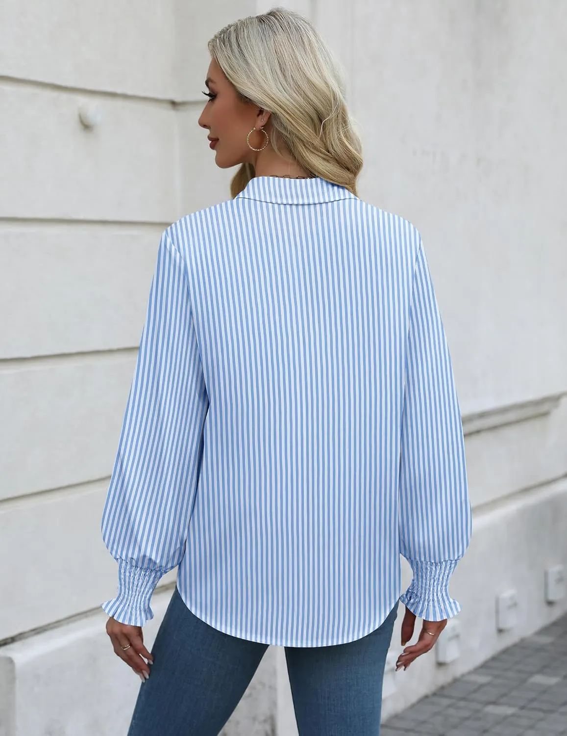 Zeagoo Womens Button Down Shirts Smocked Cuffed Blouses Printed Lantern Shirt Long Sleeve Tops Casual Collar Business Fashion
